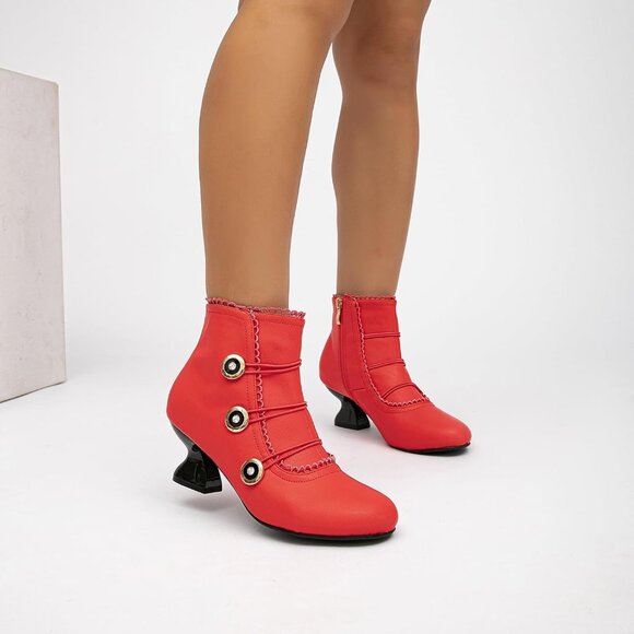 Women's Red Ankle Boots Low Heels Lace Buttons Round Toe Side Zipper - Picture 7 of 7